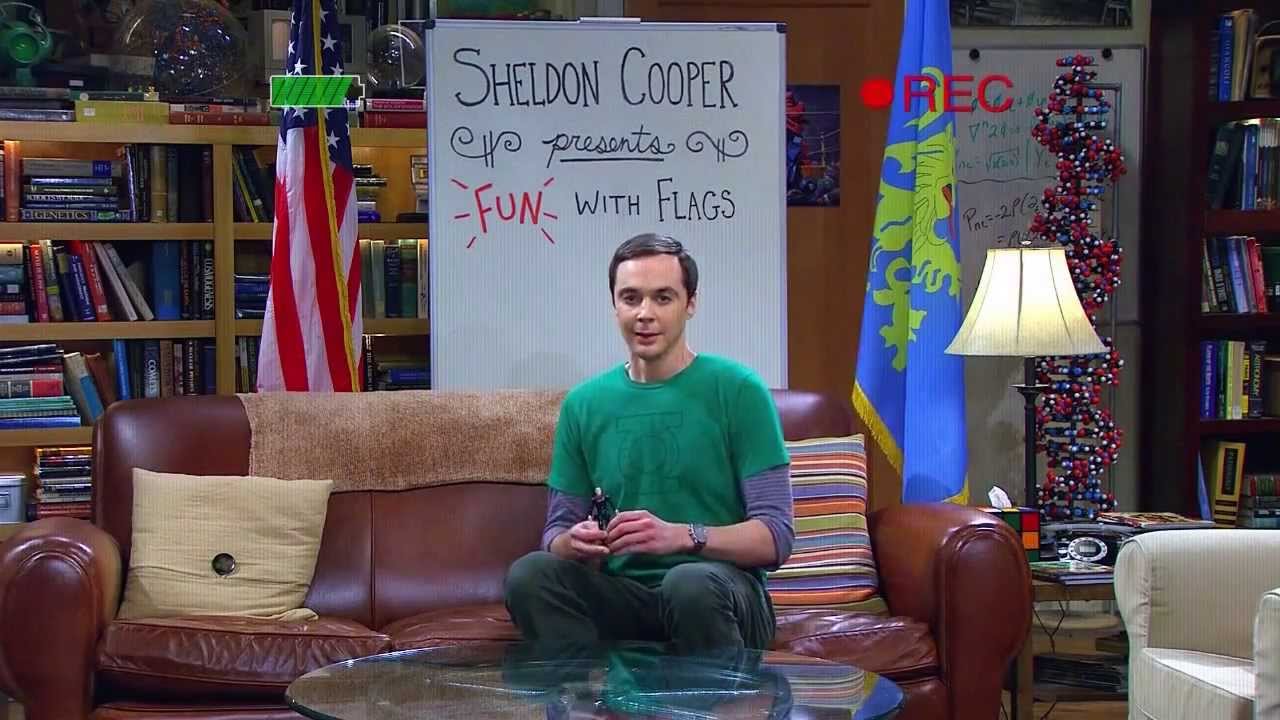 Screenshot from The Big Bang Theory with Sheldon Cooper presenting "Fun with Flags"