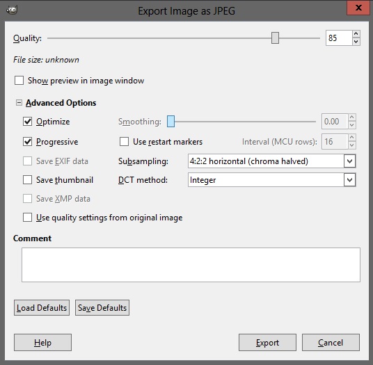 UI d'export de Gimp